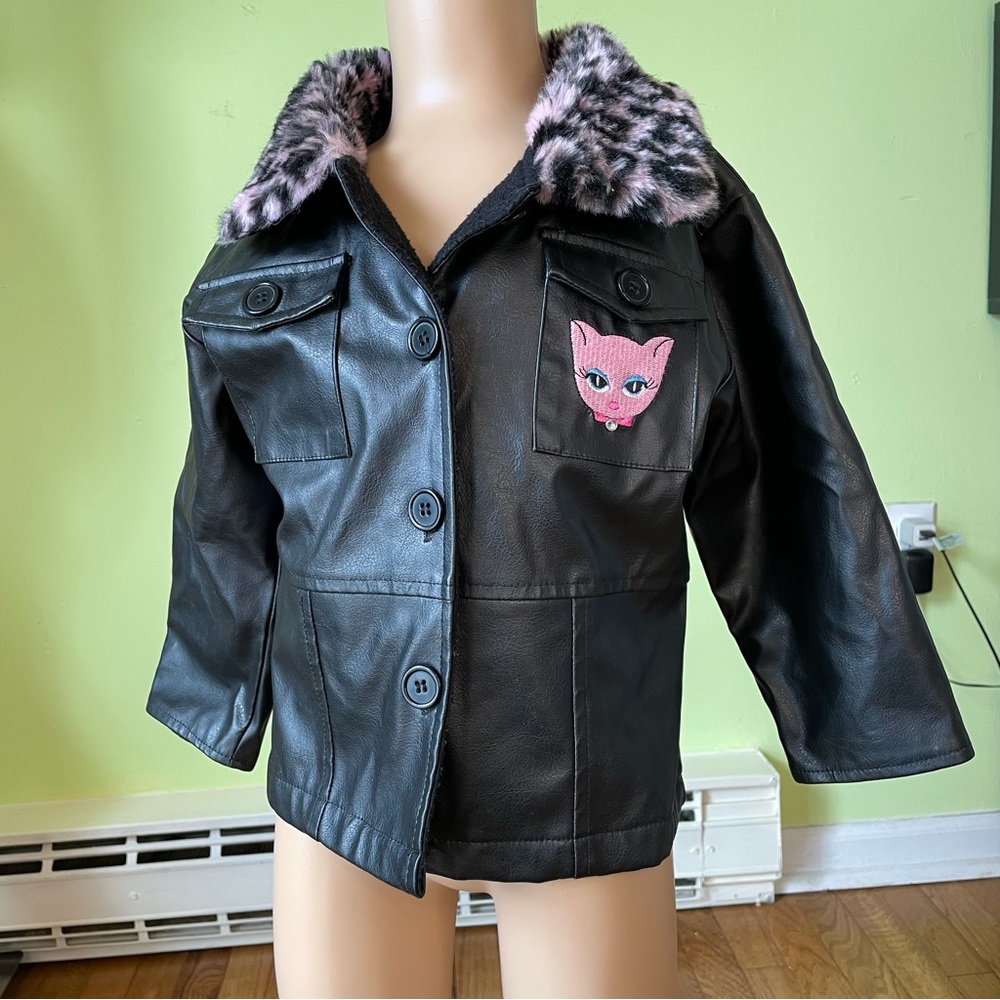 VINTAGE PARK BENCH KIDS BLACK PINK KITTY ACCENT LEOPARD FUR JACKET SIZE 3T